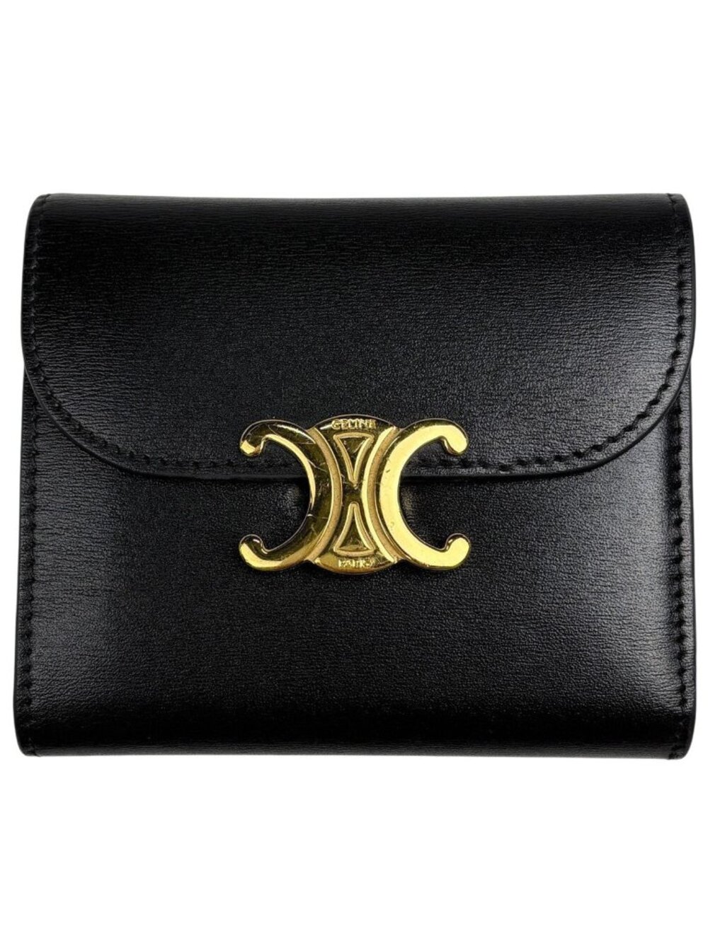 Celine Triomphe Trifold Wallet Leather Black - Picture 1 of 10